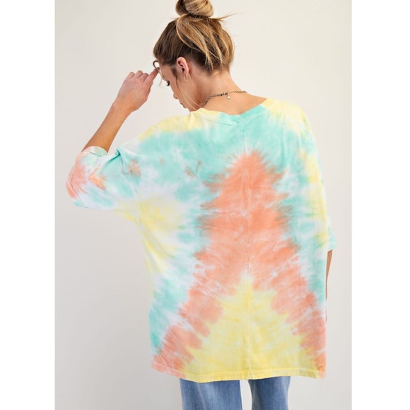 109. NWT Easel Tie-Dye Short Sleeve Tee - Coral, Mint Green, Yellow, White - Picture 3 of 6